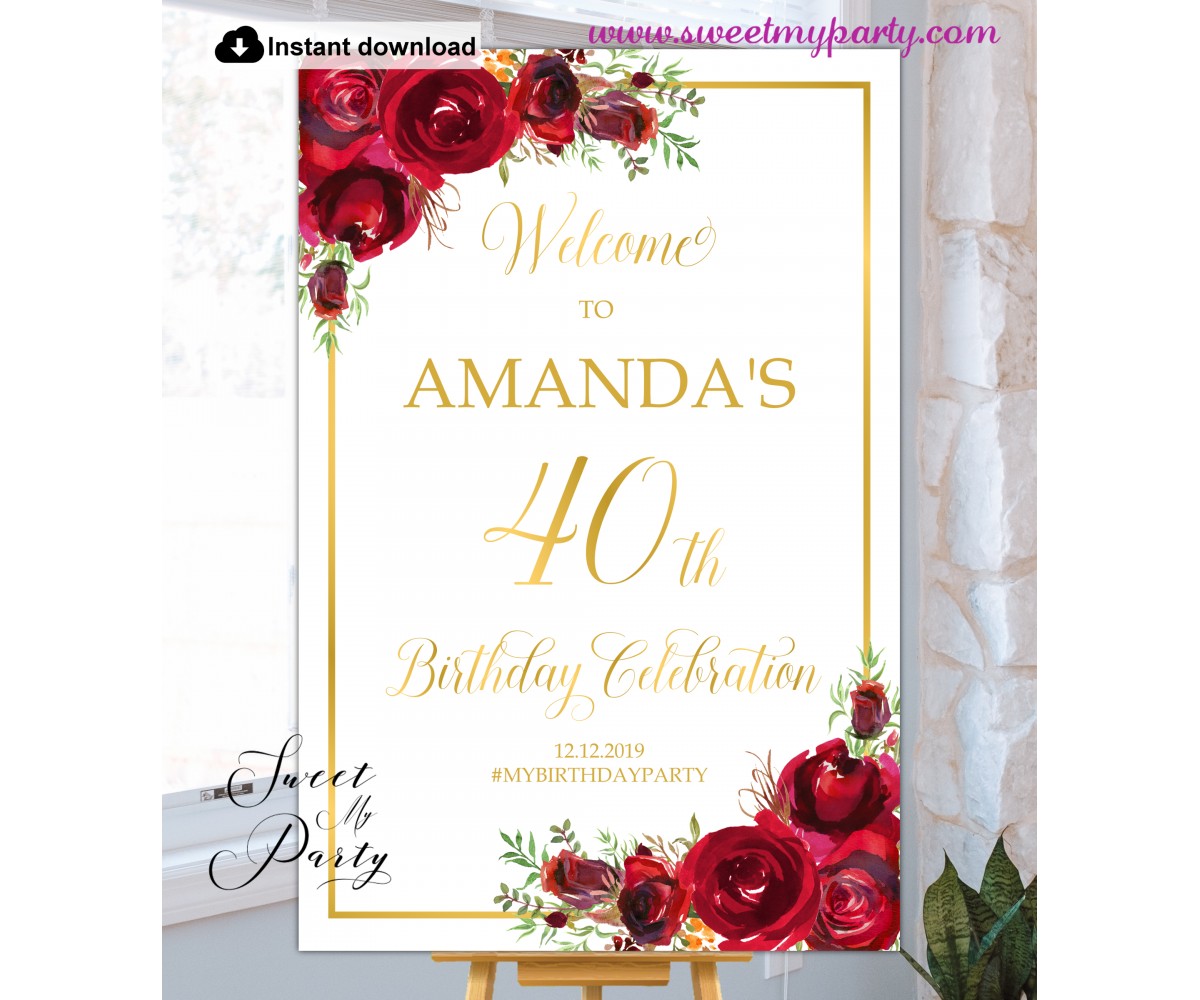 Red Roses 40th Birthday Party Welcome sign template,(16)